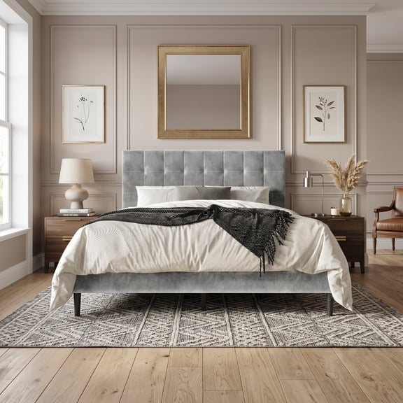 Home Design Marion Twin Tufted Upholstered Platform Bed Frame with Tufted Headboard and Plush Padding, Silver Gray, Easy Assembly