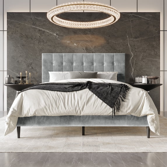 Home Design Marion Twin Tufted Upholstered Platform Bed Frame with Tufted Headboard and Plush Padding, Silver Gray, Easy Assembly
