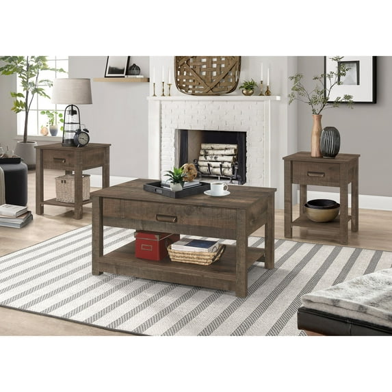 Home Design Mark 3-Piece Coffee Table Set with Storage for Living Room, Brown Oak, Modern Style