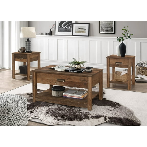 Home Design Mark 3-Piece Coffee Table Set with Storage for Living Room, Vintage Oak, Modern Style