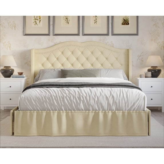Home Design Martha Full Tufted Upholstered Storage Panel Bed Frame with Diamond Tufting and Four Drawers, Beige, Easy Assembly