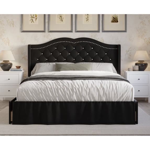 Home Design Martha Full Tufted Upholstered Storage Panel Bed Frame with Diamond Tufting and Four Drawers, Black, Easy Assembly