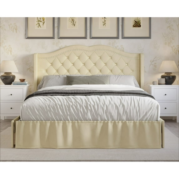 Home Design Martha Queen Tufted Upholstered Storage Panel Bed Frame with Diamond Tufting and Four Drawers, Beige, Easy Assembly