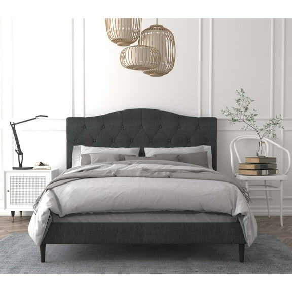Home Design Mason King Upholstered Platform Bed with Button Tufted, Bed Frame with Curved Headboard for Adult, Charcoal Gray, Easy Assembly