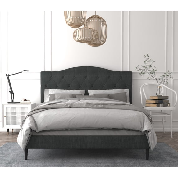 Home Design Mason Queen Upholstered Platform Bed with Button Tufted, Bed Frame with Curved Headboard for Adult, Charcoal Gray, Easy Assembly