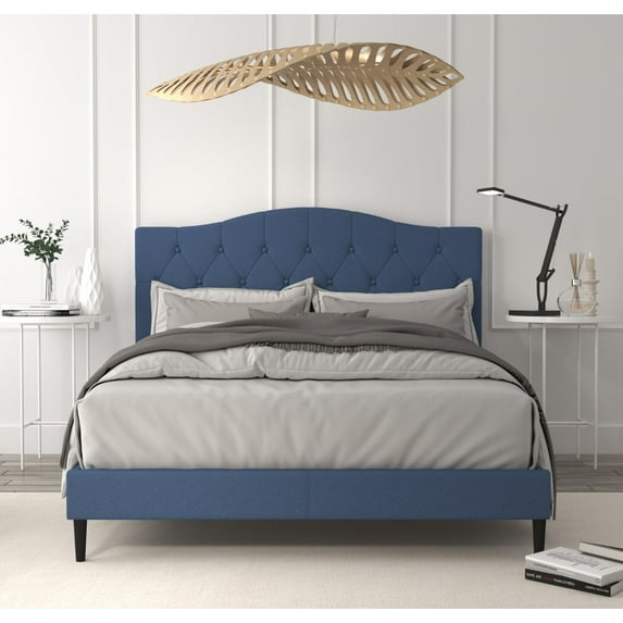 Home Design Mason King Upholstered Platform Bed with Button Tufted, Bed Frame with Curved Headboard for Adult, Denim Blue, Easy Assembly