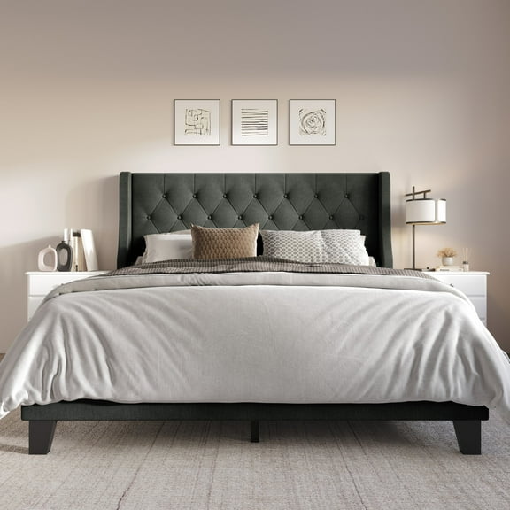 Home Design Medford Full Tufted Upholstered Panel Bed with Wingback Headboard and Button Tufting, Charcoal Gray, Easy Assembly