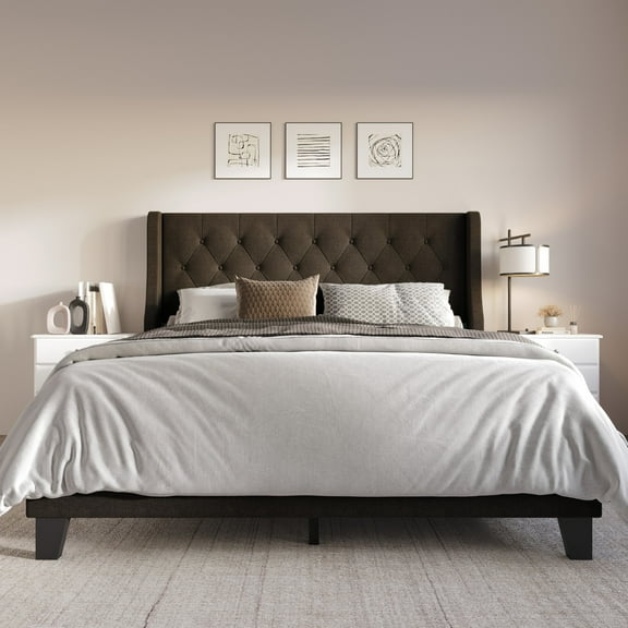 Home Design Medford Full Tufted Upholstered Panel Bed with Wingback Headboard and Button Tufting, Dark Brown, Easy Assembly