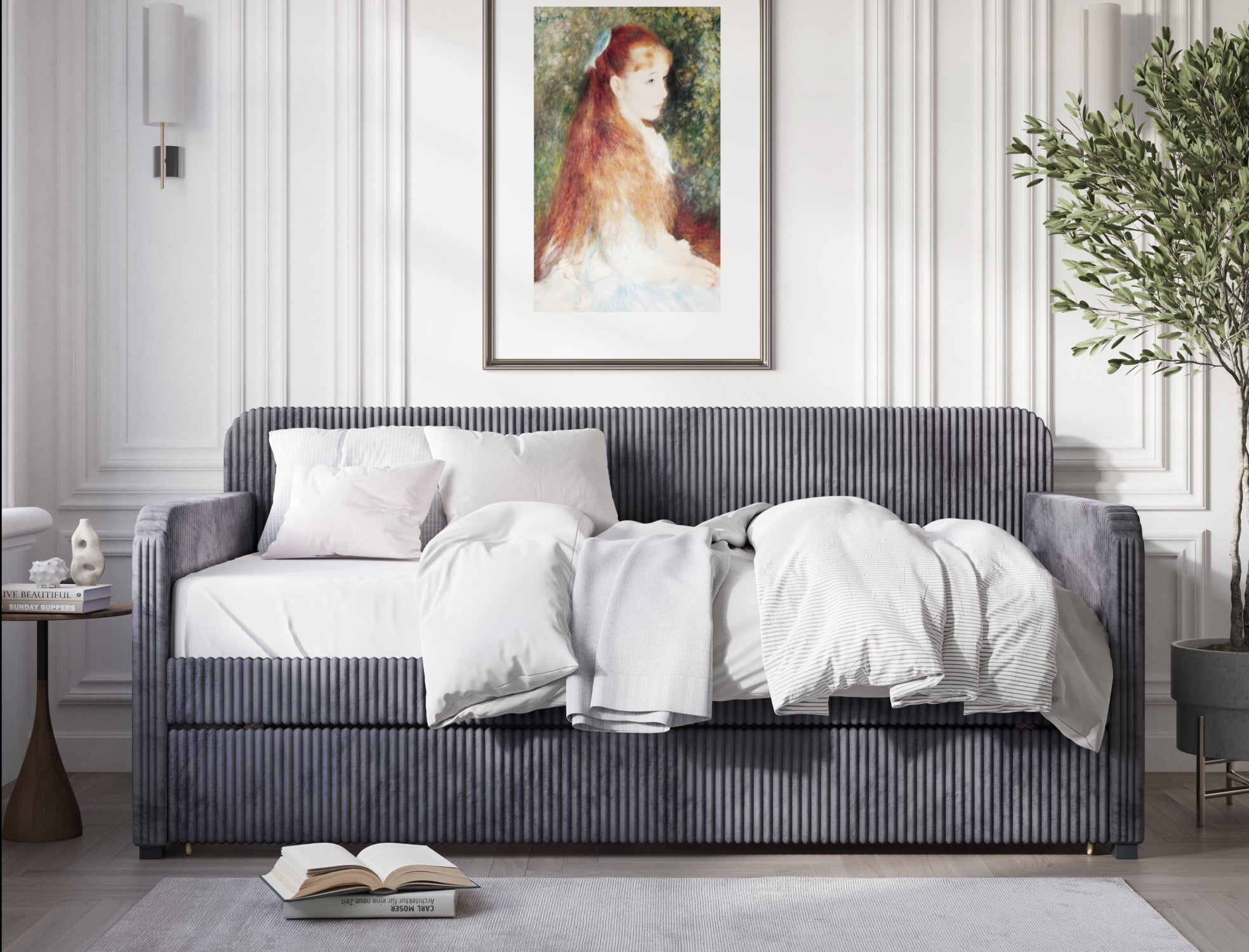 Home Design Melissa Twin Daybed with Upholstered Frame and Pull-Out Trundle, Vertical Tufting, Stylish Sleeping and Seating Solution, Gray