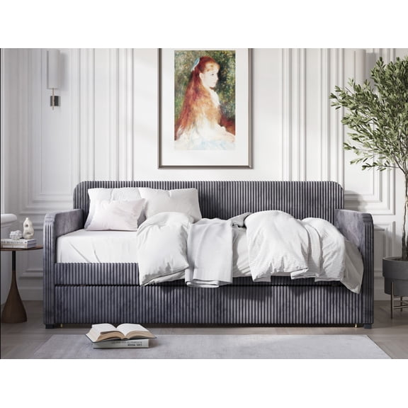 Home Design Melissa Twin Daybed with Upholstered Frame and Pull-Out Trundle, Vertical Tufting, Stylish Sleeping and Seating Solution, Gray