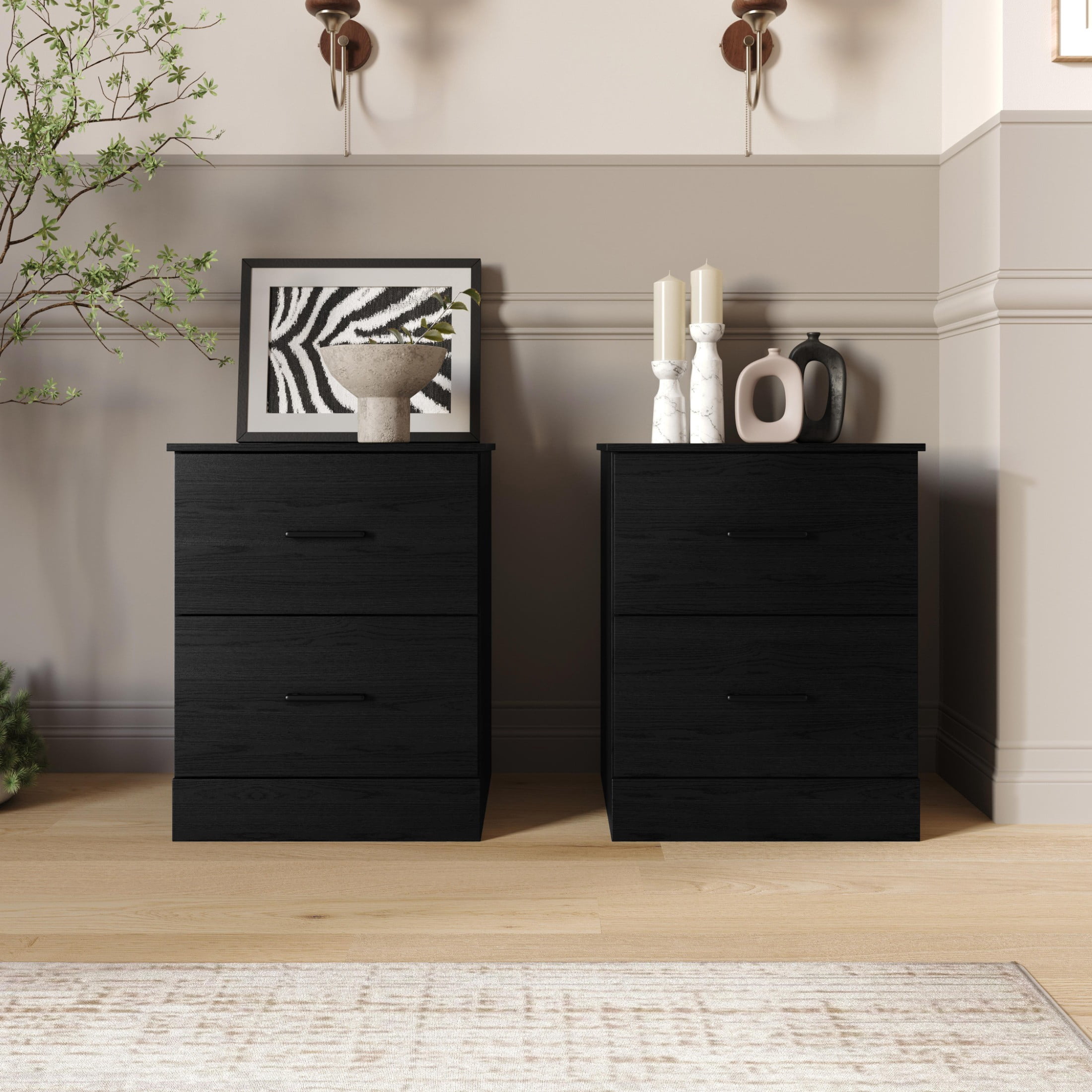 Home Design Meriden Nightstand with 2 Storage Drawers and Wood-Look Finish, Space-Saving Design, Black (Set of 2)