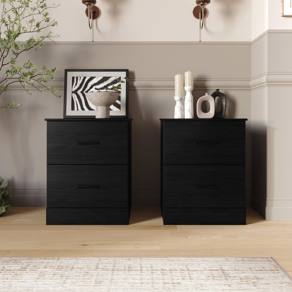 Home Design Meriden Nightstand with 2 Storage Drawers and Wood-Look Finish, Space-Saving Design, Black (Set of 2)