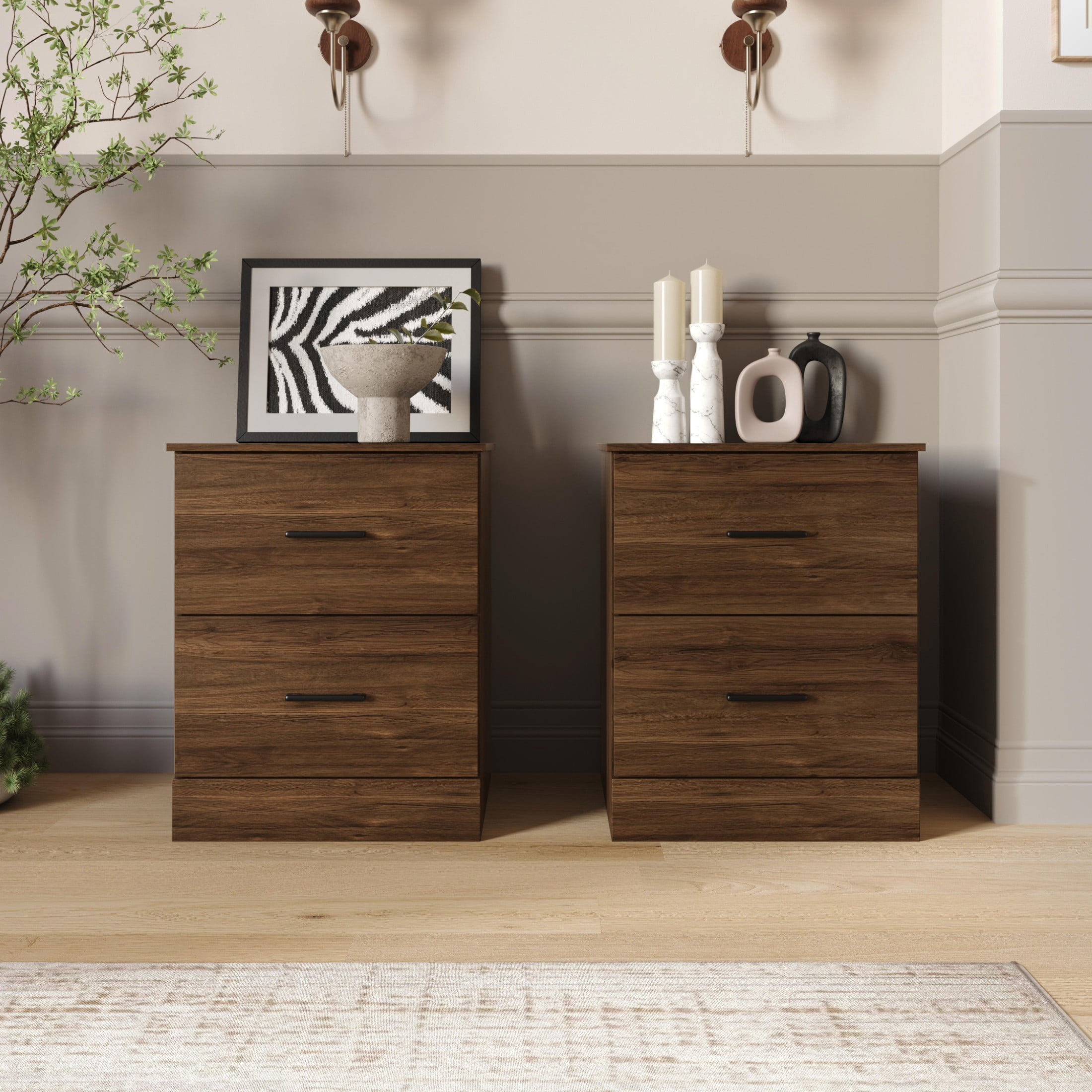 Home Design Meriden Nightstand with 2 Storage Drawers and Wood-Look Finish, Space-Saving Design, Brown (Set of 2)