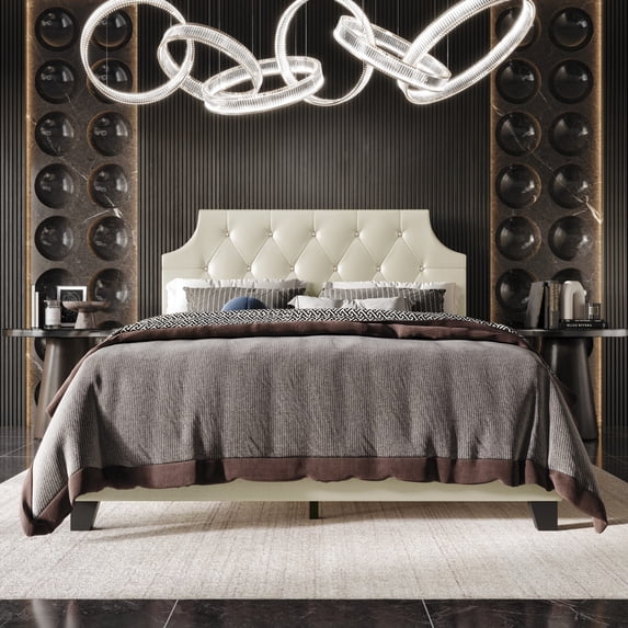 Home Design Mexico Full Tufted Upholstered Platform Bed with Scooped Headboard and Padded Surface, Champagne, Easy Assembly