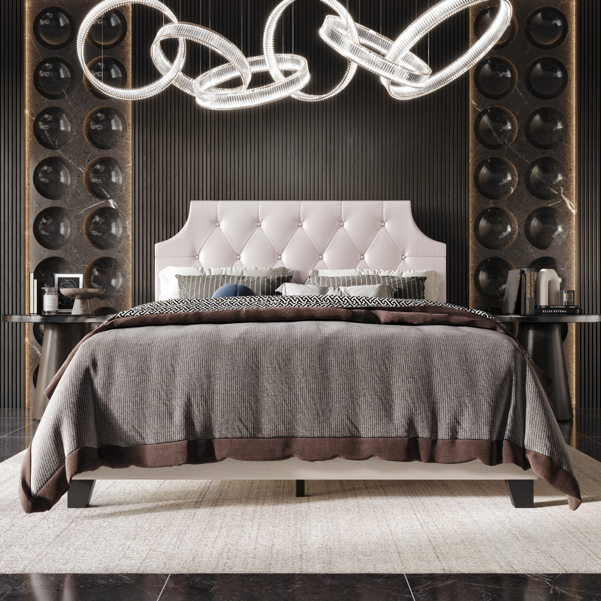 Home Design Mexico Full Tufted Upholstered Platform Bed with Scooped Headboard and Padded Surface, Pink, Easy Assembly