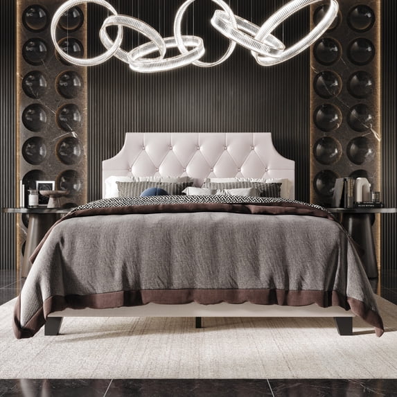 Home Design Mexico Full Tufted Upholstered Platform Bed with Scooped Headboard and Padded Surface, Pink, Easy Assembly