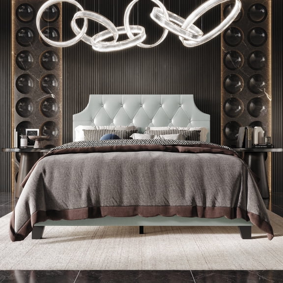 Home Design Mexico Full Tufted Upholstered Platform Bed with Scooped Headboard and Padded Surface, Silver, Easy Assembly