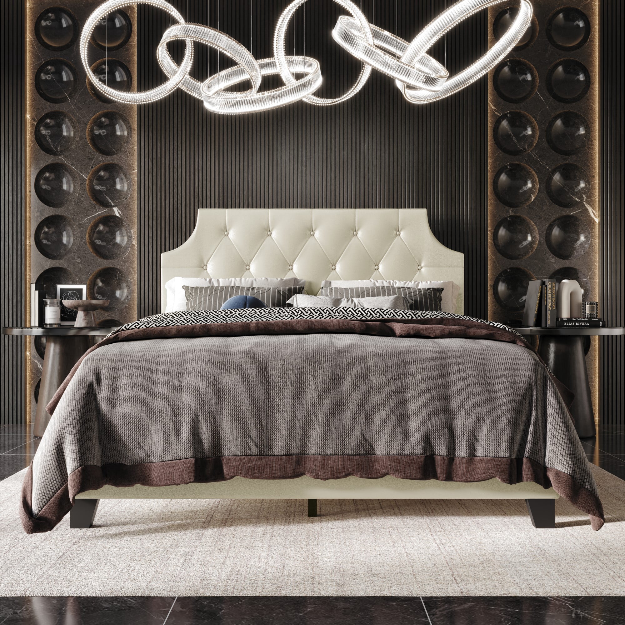 Home Design Mexico Queen Tufted Upholstered Platform Bed with Scooped Headboard and Padded Surface, Champagne, Easy Assembly