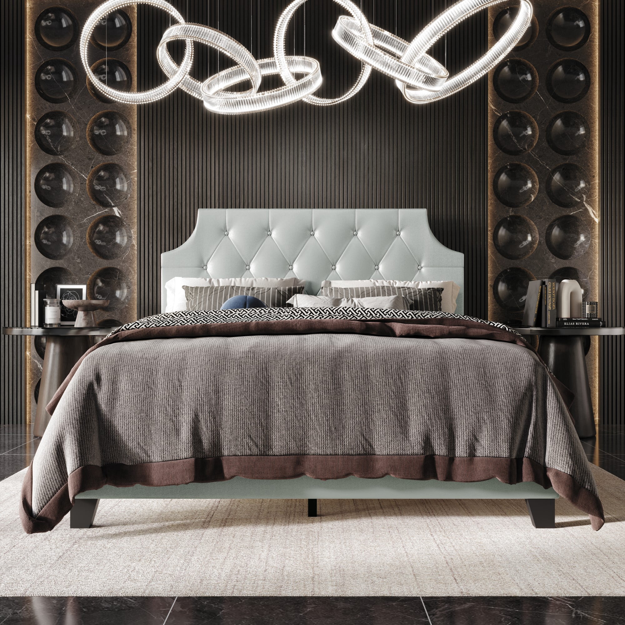 Home Design Mexico Queen Tufted Upholstered Platform Bed with Scooped Headboard and Padded Surface, Silver, Easy Assembly