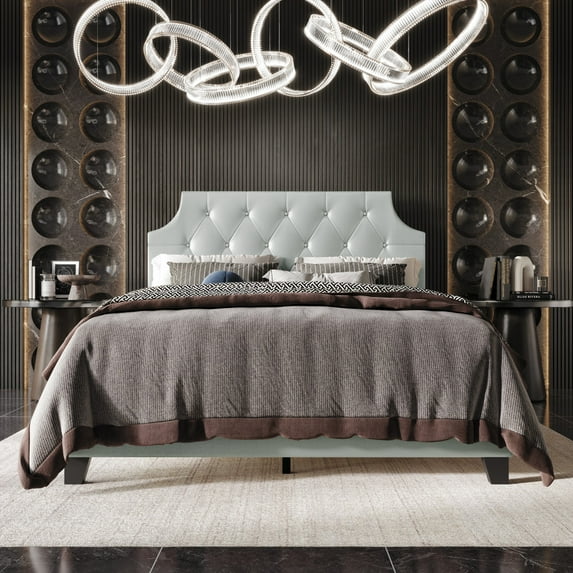 Home Design Mexico Twin Tufted Upholstered Platform Bed with Scooped Headboard and Padded Surface, Silver, Easy Assembly