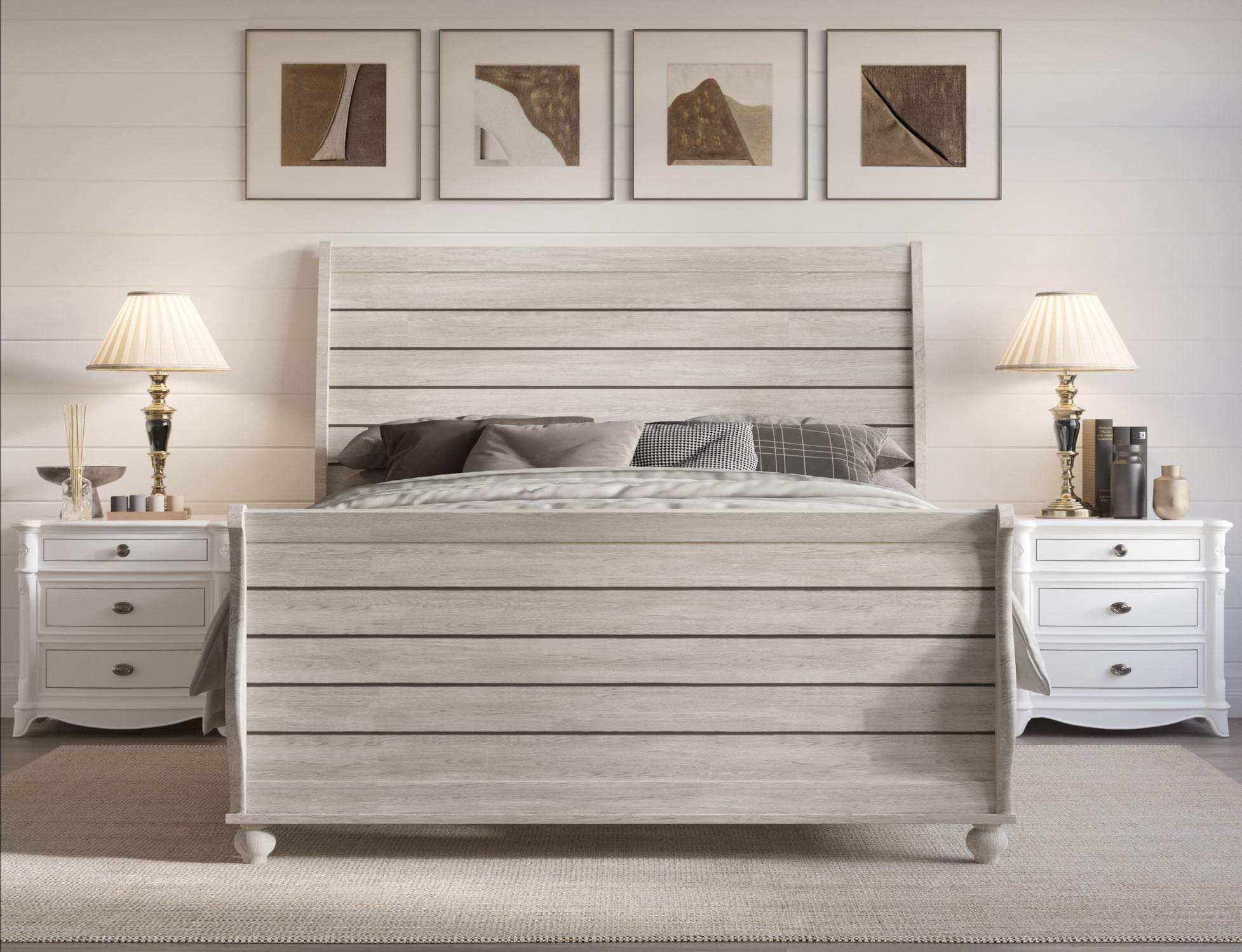 Home Design Miles King Bed Frame with Wood Grain Headboard and Bun Feet, White Oak, Easy assembly
