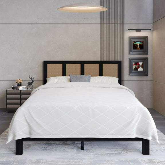 Home Design Missoula Full Wood Panel Bed Frame with Rattan Accents, Black – Box Spring Required
