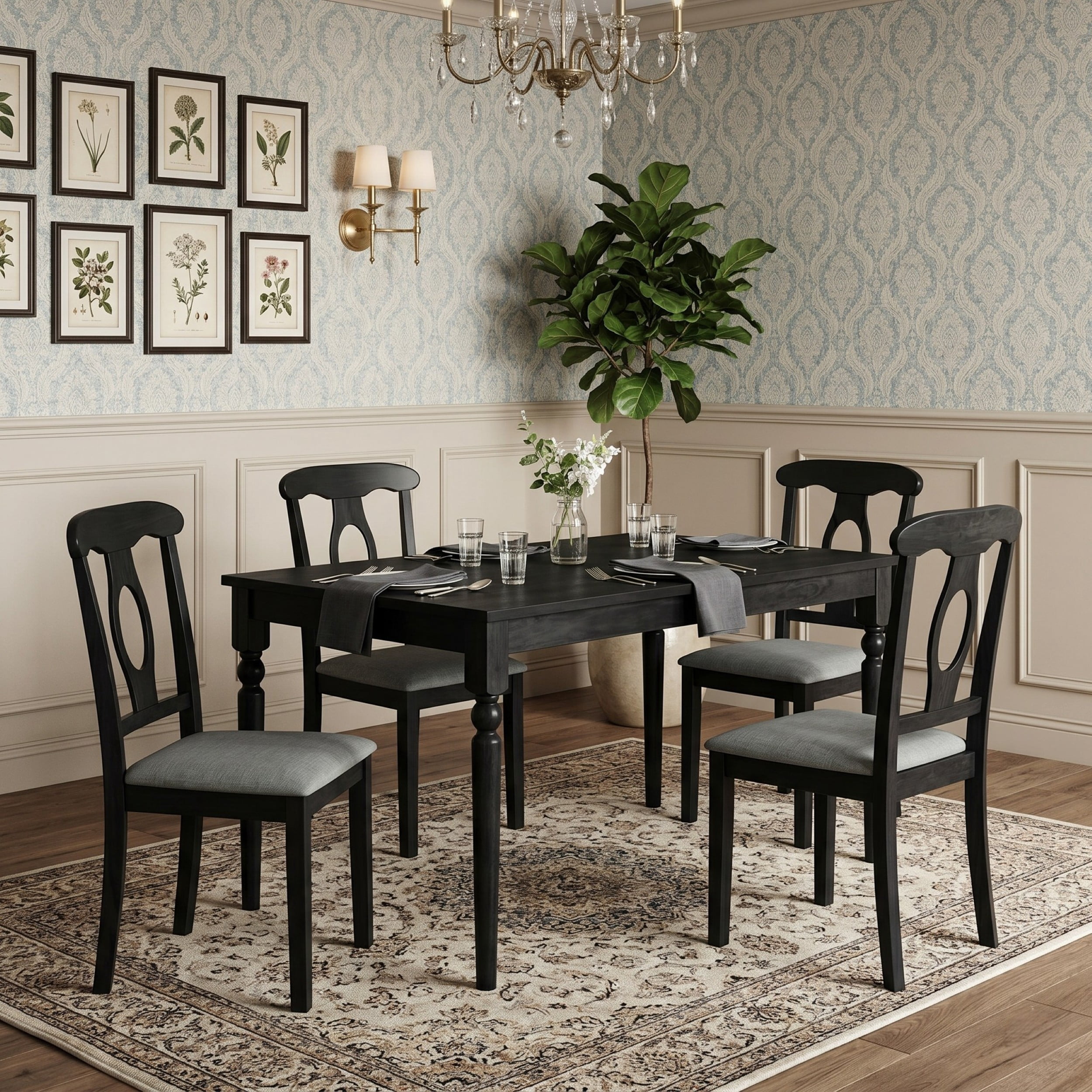 Home Design Modesto 5-Piece Dining Set, Rectangular Table with Upholstered Chairs, Sturdy Construction, Timeless Design, Black