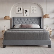 Home Design Monroe Full Tufted Upholstered Wingback Panel Bed Frame with Diamond Tufting and Nailhead Trim for Adult Bedroom, Gray