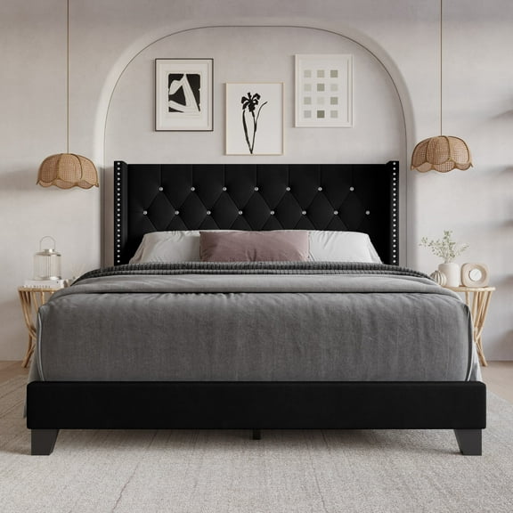 Home Design Monroe Queen Tufted Upholstered Wingback Panel Bed Frame with Diamond Tufting and Nailhead Trim for Adult Bedroom, Black