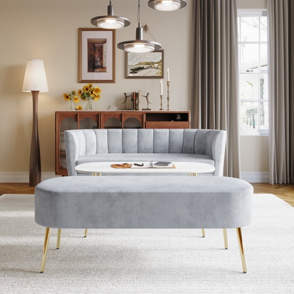 Home Design Moveis Velvet Flared Arm Loveseat with Bench and Coffee Table, Channel-Tufted Back and Metal Legs, Modern Living Room Set, Silver Gray