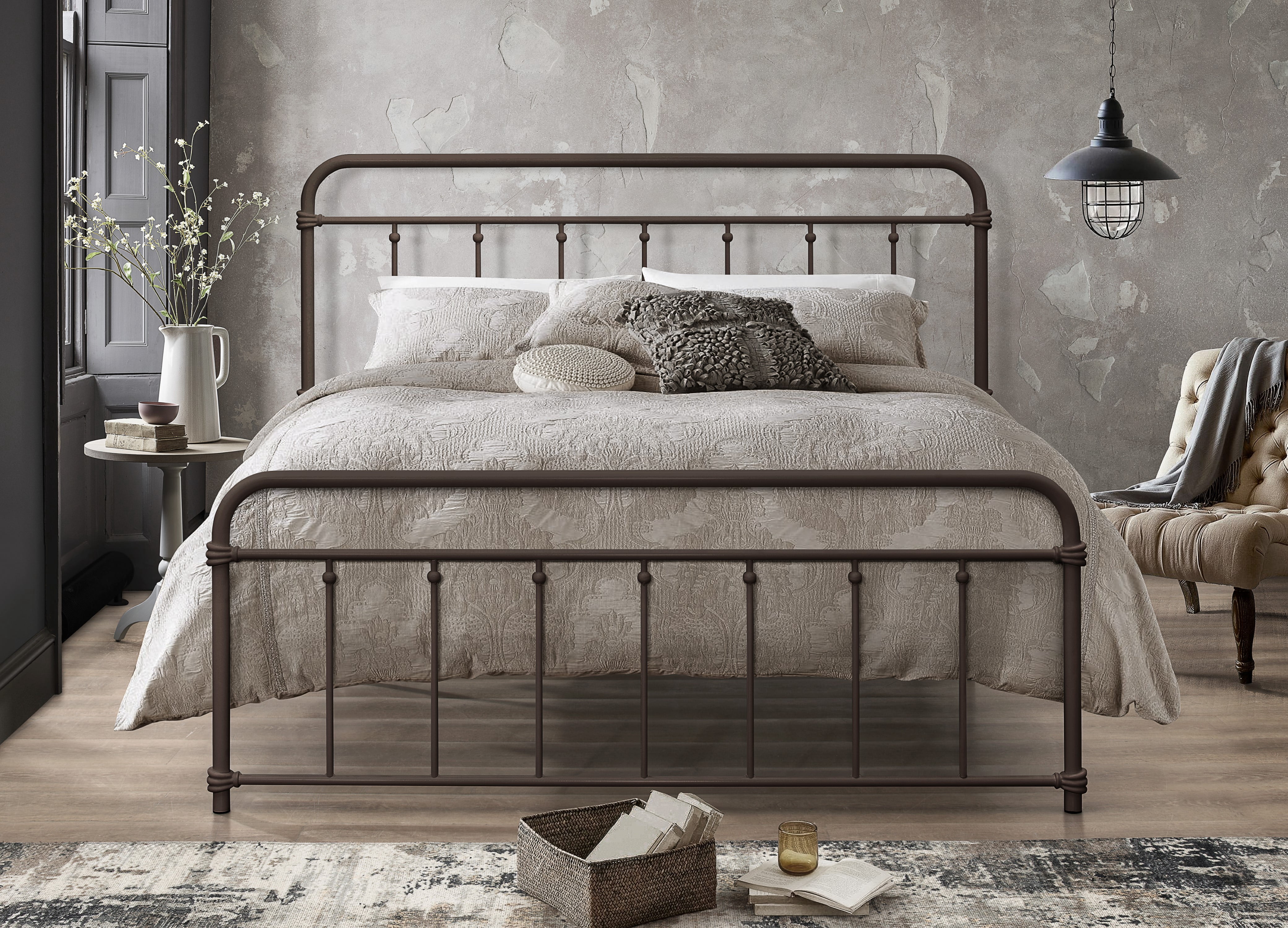 Home Design Nana Twin Metal Platform Bed with Slat Foundation and Rounded Corners, Brown, Easy assembly