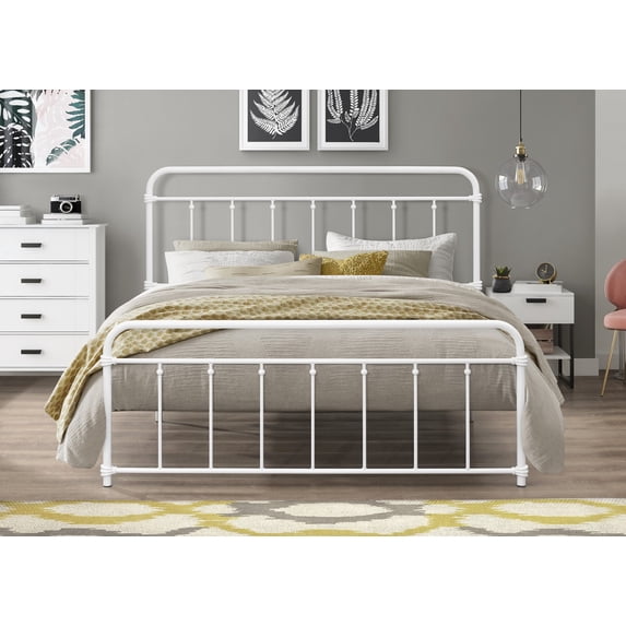 Home Design Nana Queen Metal Platform Bed with Slat Foundation and Rounded Corners, White, Easy assembly