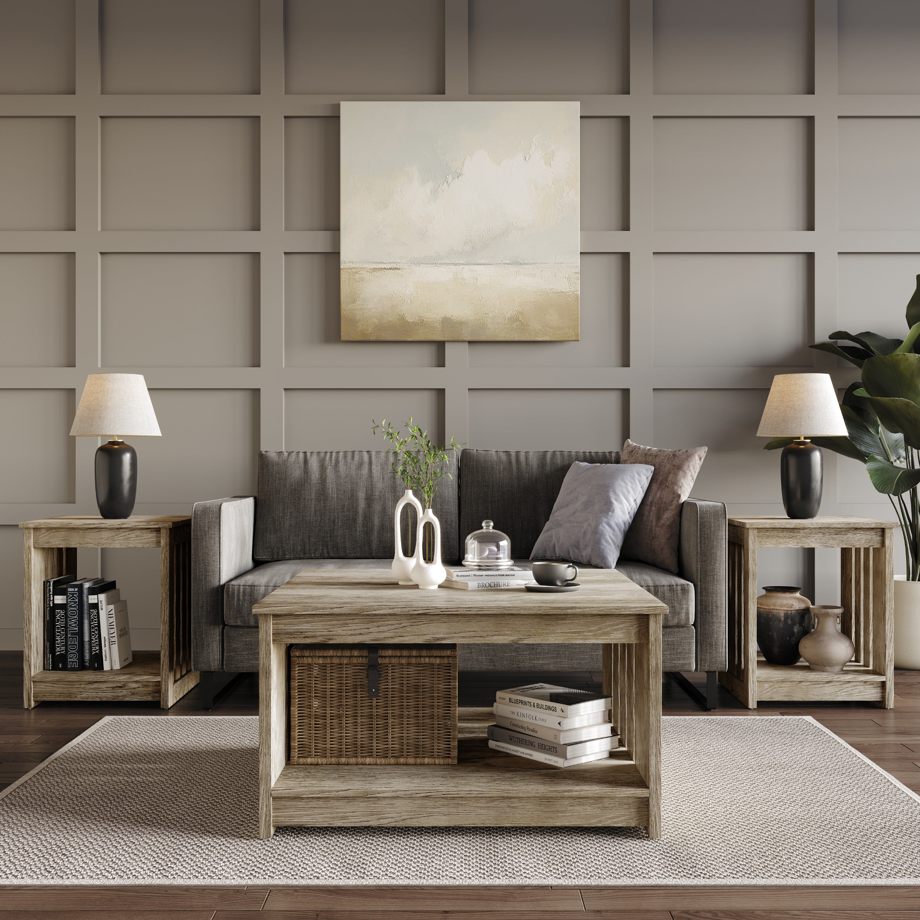 Home Design Nashua 3-Piece Coffee Table Set with Rectangular Coffee Table and 2 Matching End Tables, Modern Open Shelf Design for Living Room, Antique Gray