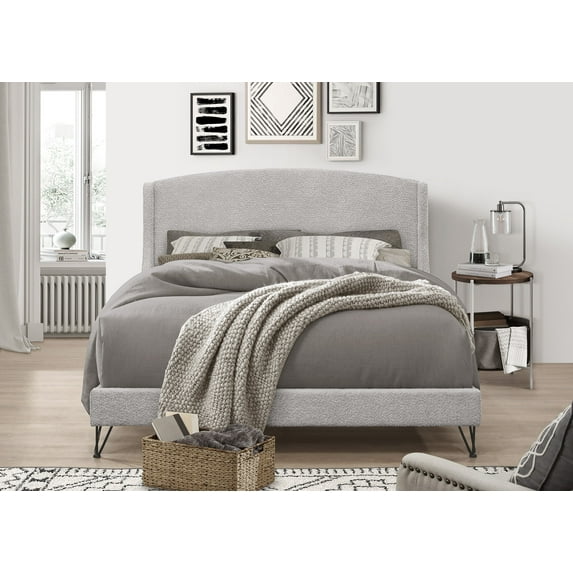 Home Design Natty Full Upholstered Panel Bed Frame with 4-Piece Slat System and Metal Legs, Gray, Easy Assembly