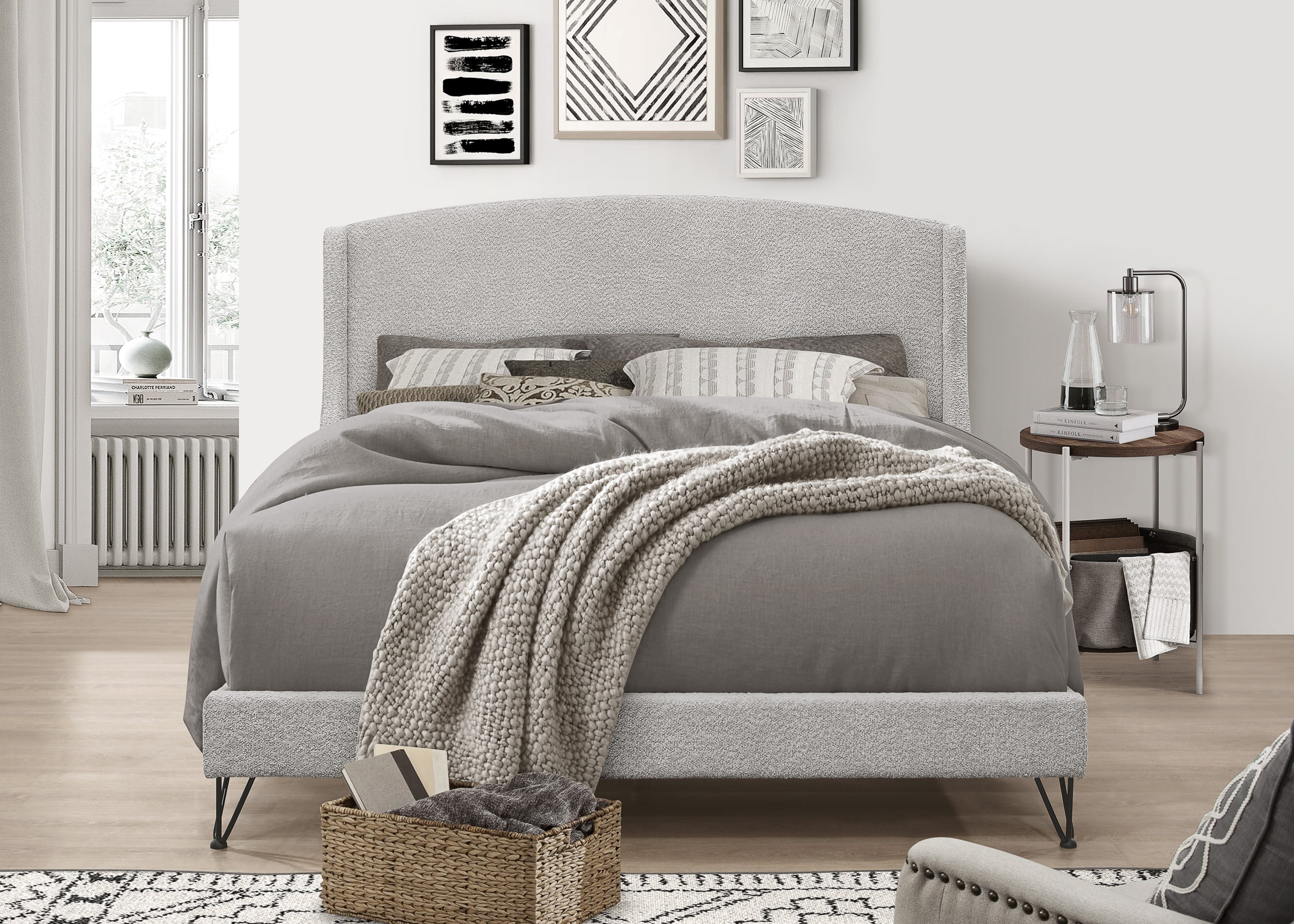 Home Design Natty Queen Upholstered Panel Bed Frame with 4-Piece Slat System and Metal Legs, Gray, Easy Assembly