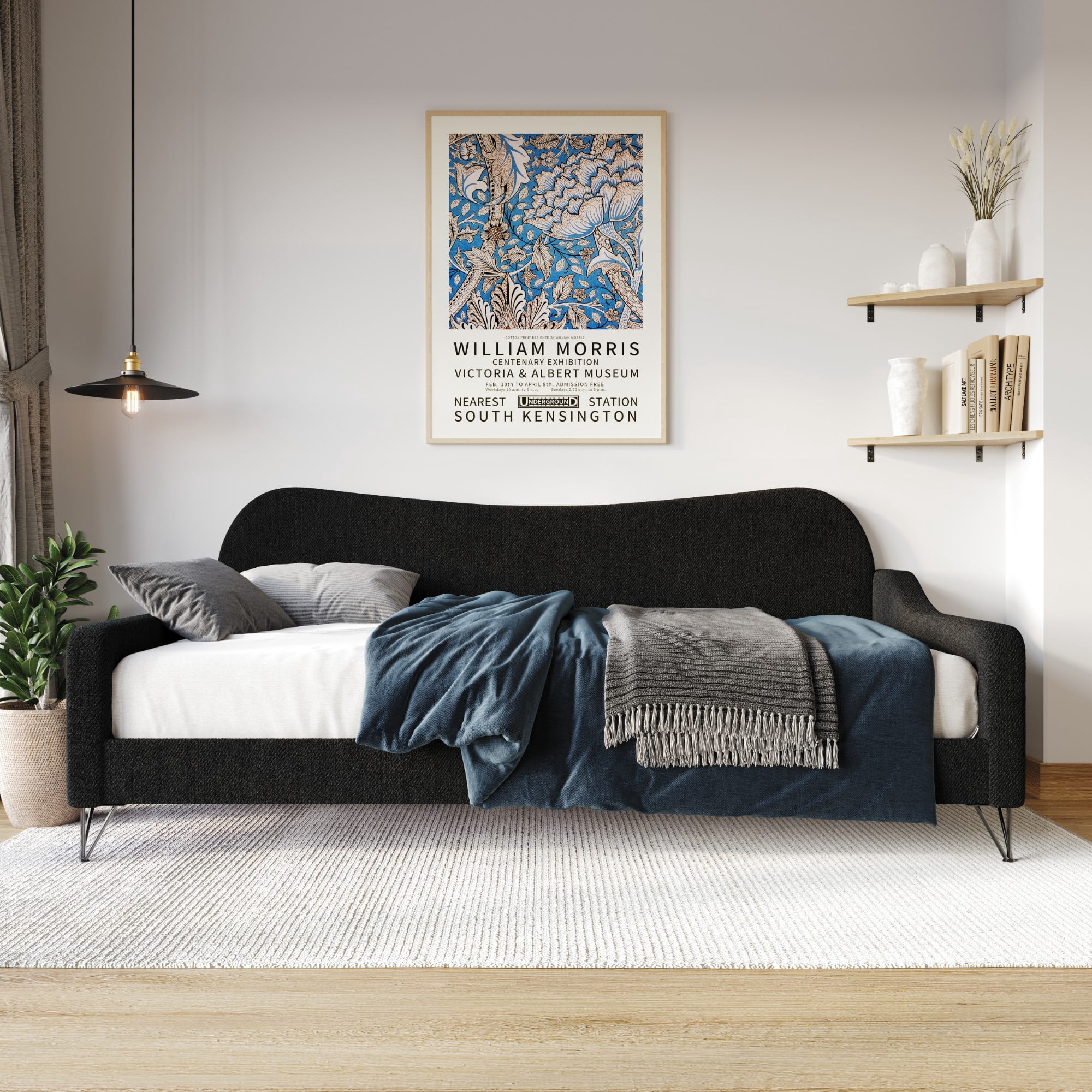 Home Design Natty Twin Daybed with Upholstered Frame, Elegant Backrest and Arms, Black Metal Legs, Stylish Seating and Sleeping Solution, Black