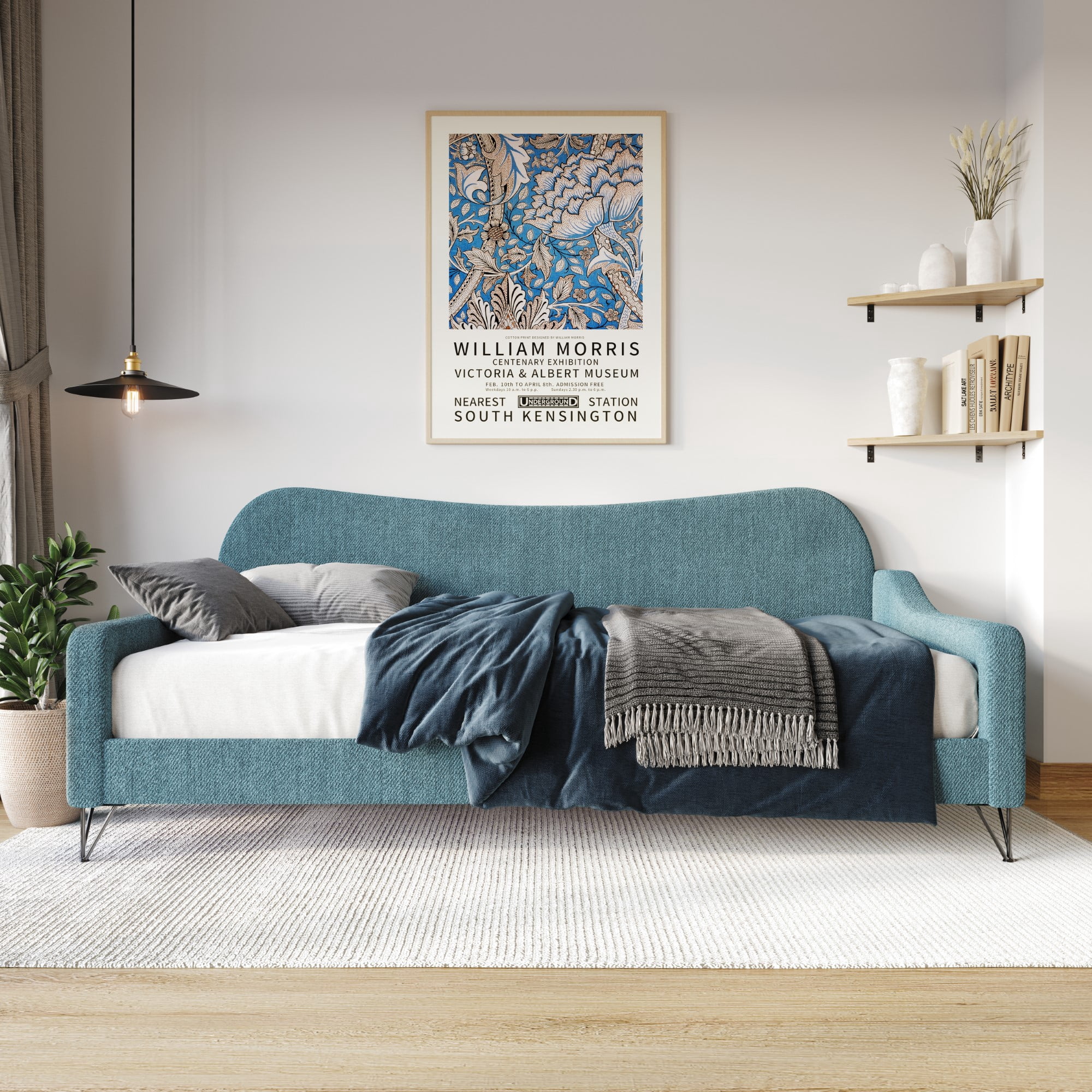 Home Design Natty Twin Daybed with Upholstered Frame, Elegant Backrest and Arms, Black Metal Legs, Stylish Seating and Sleeping Solution, Teal