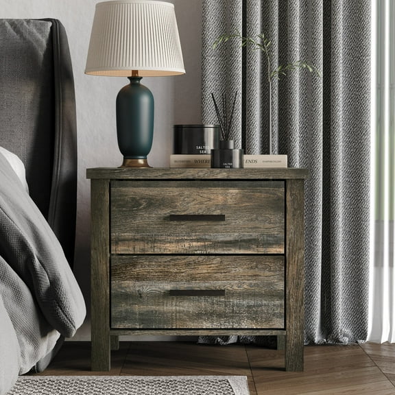 Home Design Niles 2-Drawer Nightstand with X-Shaped Side Panels and Black Handles, Brown, Easy Assembly