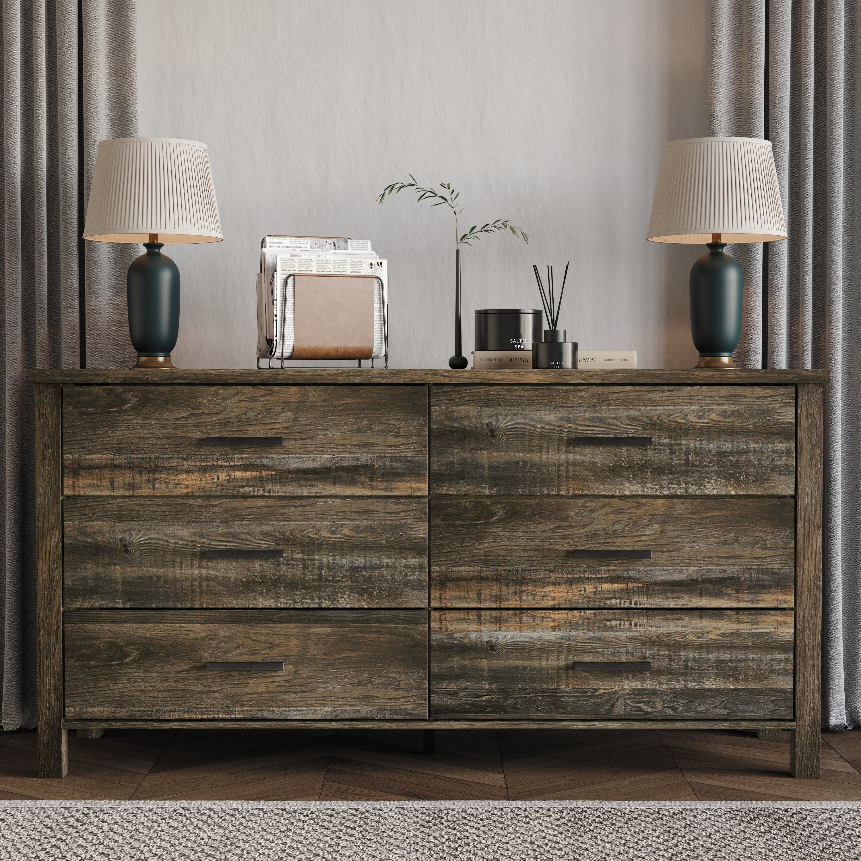 Home Design Niles 6-Drawer Dresser with X-Shaped Side Panels and Black Handles, Brown, Easy Assembly