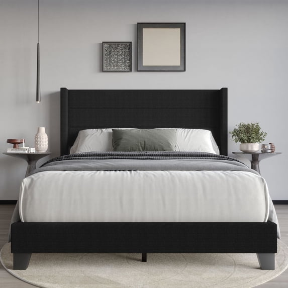 Home Design Niles Full Upholstered Panel Bed Frame with Wingback Headboard and Foam-Padded Support, Black, Easy Assembly