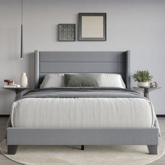 Home Design Niles Full Upholstered Panel Bed Frame with Wingback Headboard and Foam-Padded Support, Gray, Easy Assembly