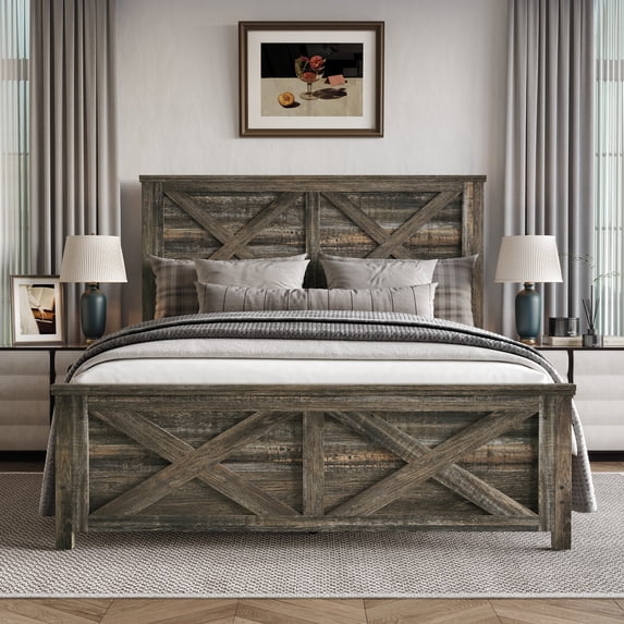 Home Design Niles King Panel Bed Frame with X-Shaped Panel Design and Rustic Wood Finish, Brown, Easy Assembly