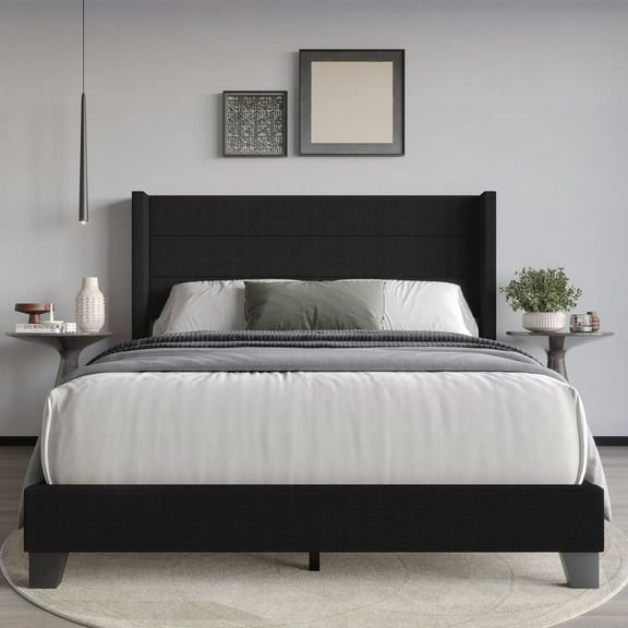 Home Design Niles King Upholstered Panel Bed Frame with Wingback Headboard and Foam-Padded Support, Black, Easy Assembly