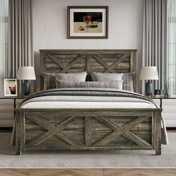 Home Design Niles Queen Panel Bed Frame with X-Shaped Panel Design and Rustic Wood Finish, Brown, Easy Assembly