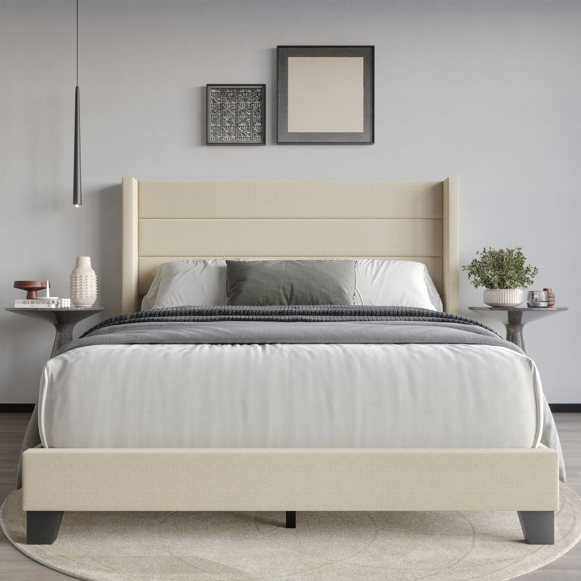 Home Design Niles Queen Upholstered Panel Bed Frame with Wingback Headboard and Foam-Padded Support, Beige, Easy Assembly