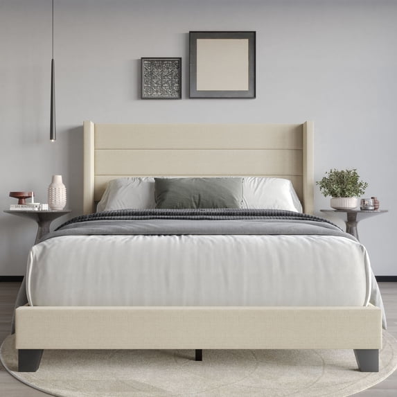 Home Design Niles Queen Upholstered Panel Bed Frame with Wingback Headboard and Foam-Padded Support, Beige, Easy Assembly