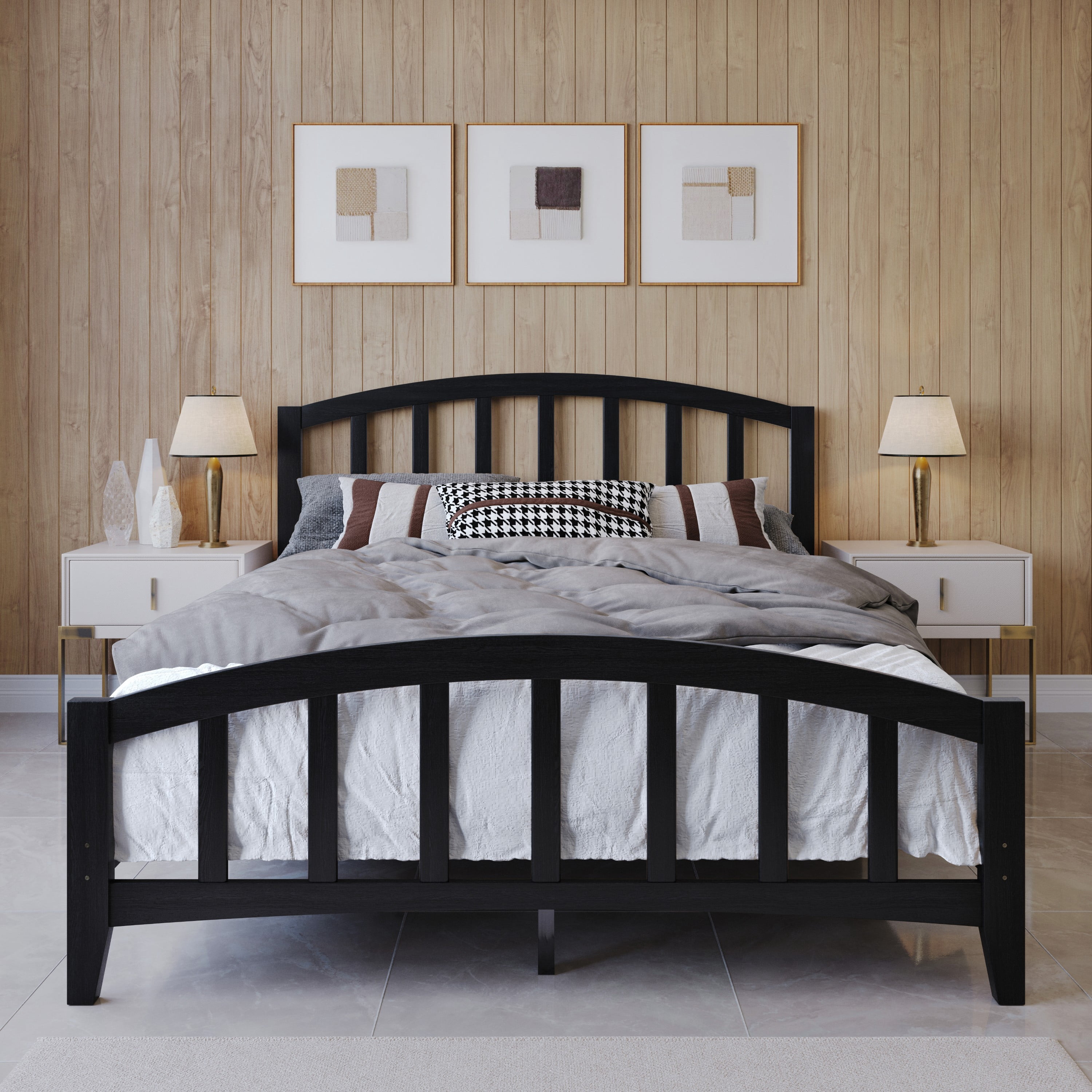 Home Design Nogales King Panel Bed Frame with Arched Slat Headboard and Center Support, Black, Box Spring Required, Easy Assembly