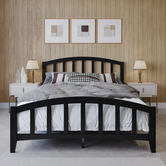 Home Design Nogales Queen Panel Bed Frame with Arched Slat Headboard and Center Support, Black, Box Spring Required, Easy Assembly