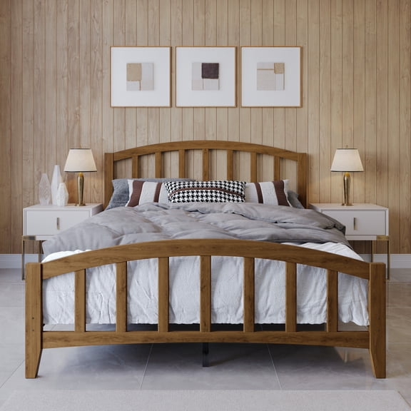 Home Design Nogales Queen Panel Bed Frame with Arched Slat Headboard and Center Support, Brown, Box Spring Required, Easy Assembly