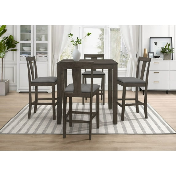 Home Design Nolan 5-Piece Counter Set, Taupe/Gray, Square Table with Slat-Back Cushioned Chairs, Modern Minimalist Style